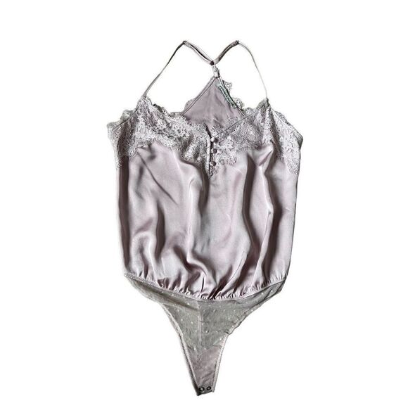ABERCROMBIE & FITCH Lilac Nylon Lace Spaghetti Strap Thong Bodysuit Small - Picture 1 of 5